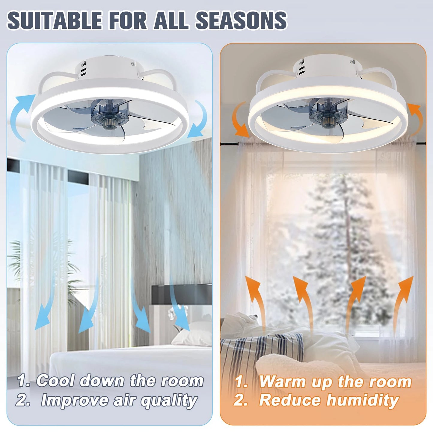 Modern LED ceiling fan with adjustable two-way blade timer and remote control tri-color adjustable bedroom living room kitchen