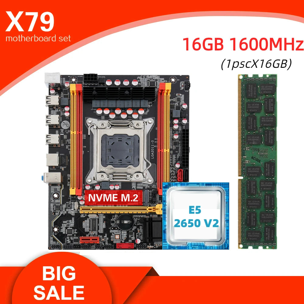 Kllisre X79 Motherboard Kit Combos XEON E5 2650 V2 LGA 2011 CPU 1pcs X 16GB Memory DDR3 1600 ECC RAM