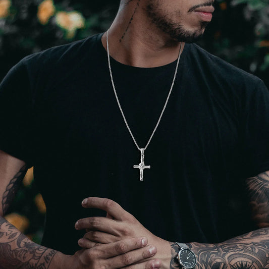Vnox Men Cross Necklace, Stainless Steel Rose Cross Pendant with Box Chain, Unisex Cool Crucifix Jesus Faith Aesthetic Collar