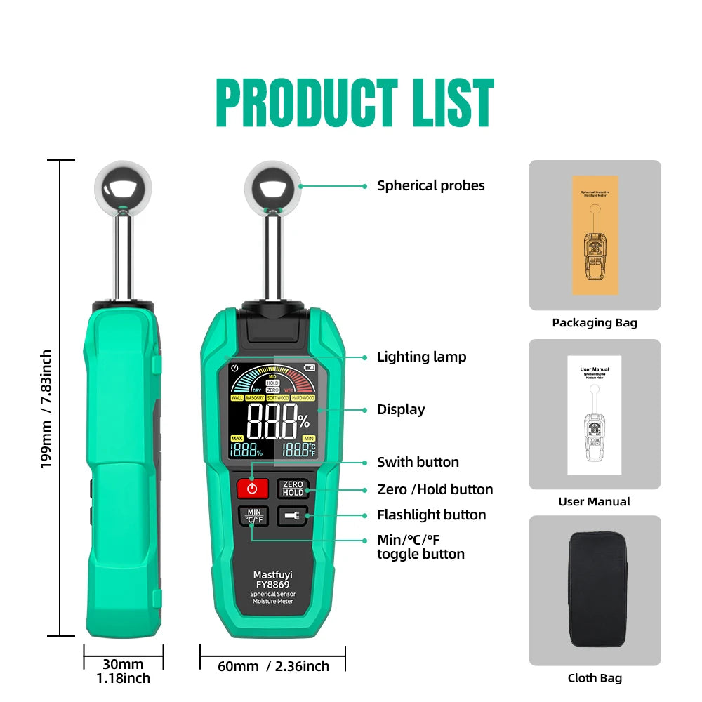 MASTFUYI Professional Moisture Meter, 40mm Non-Destructive Depth with Spherical Sensor & TFT Display for Wood Concrete Brick