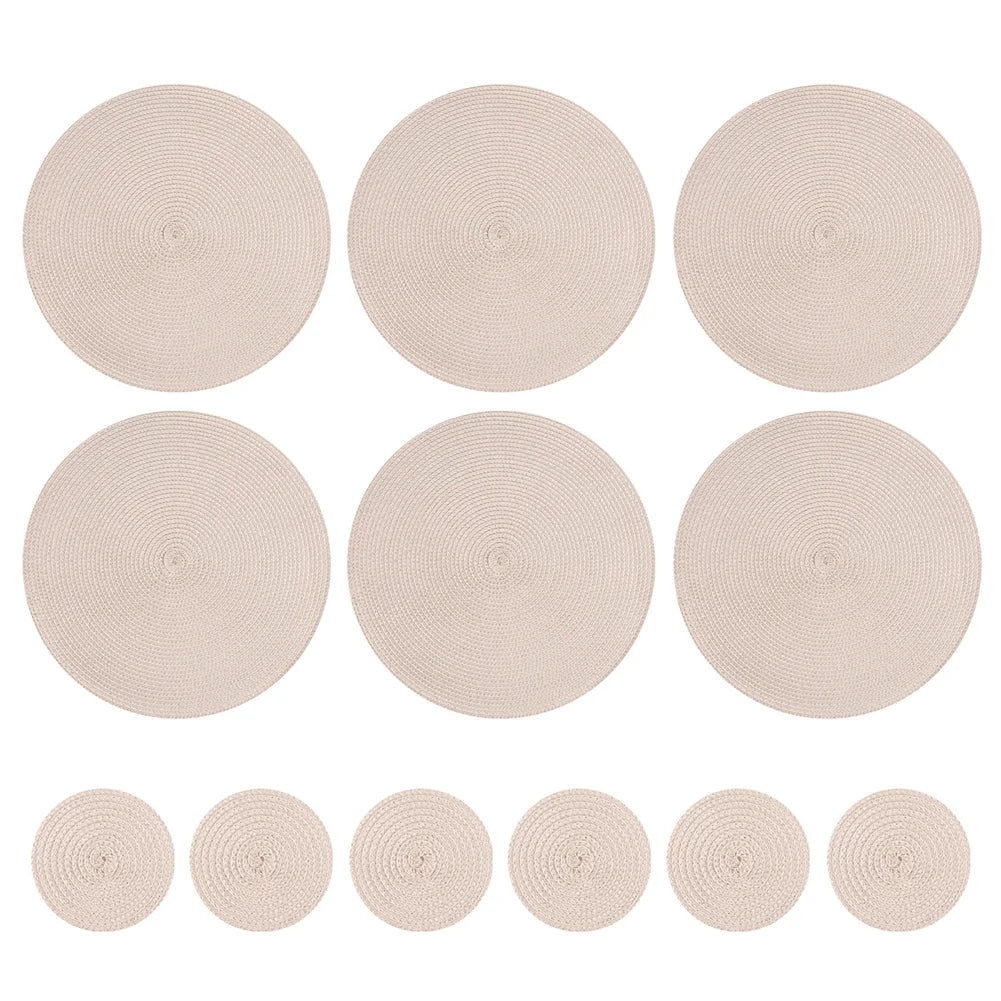 Set of 12 Round Braided Table Mat Washable Placemats Non Slip Heat Resistant for Kitchen Dining Tables Pad With Cup Coasters