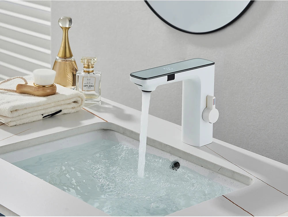 White Smart Sensor Basin Faucet Screen Digital Display Hot Cold Water Mixer Tap Touchless Vanity Sink Faucet For Bathroom