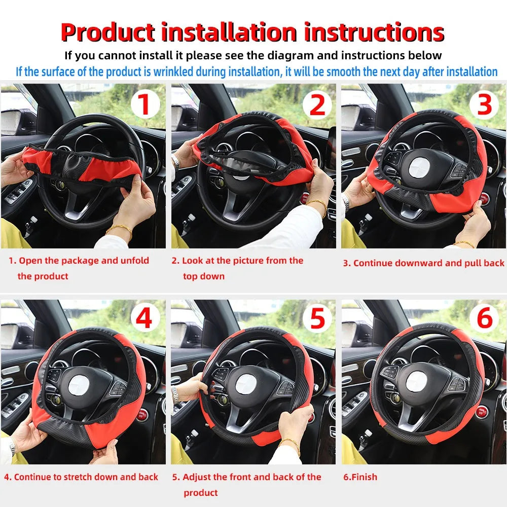 PU Carbon Fiber Leather Car Steering Wheel Cover Without Inner Ring Universal Suitable for 14.5-15 Inches of Automotive Supplies