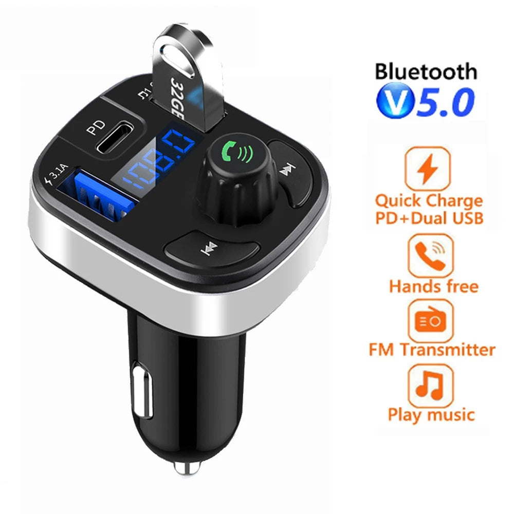 Car Bluetooth 5.0 FM Transmitter Dual USB PD Type C Fast Charge Car Charger Bluetooth Microphone Handsfree Car FM Modulator