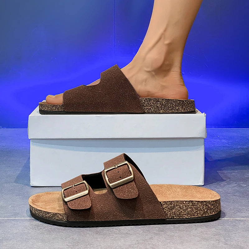【Retro double button + cork foot feeling】Couple casual slippers for summer wear, anti-slip comfortable sandals