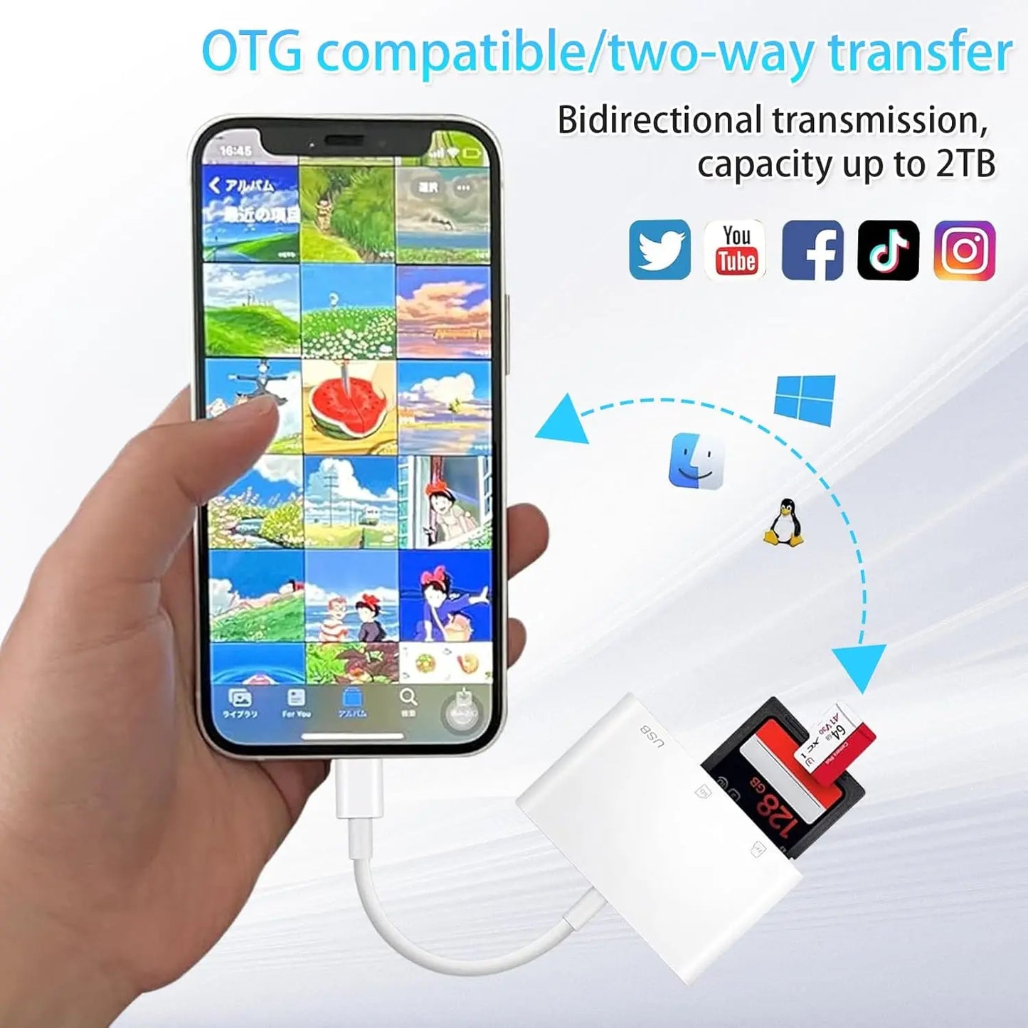 Lightning TypeC to SD & TF Card USB Camera Adapter for iPhone iPad, 3 in 1 Card Reader USB Dongle for USB Flash Plug & Play