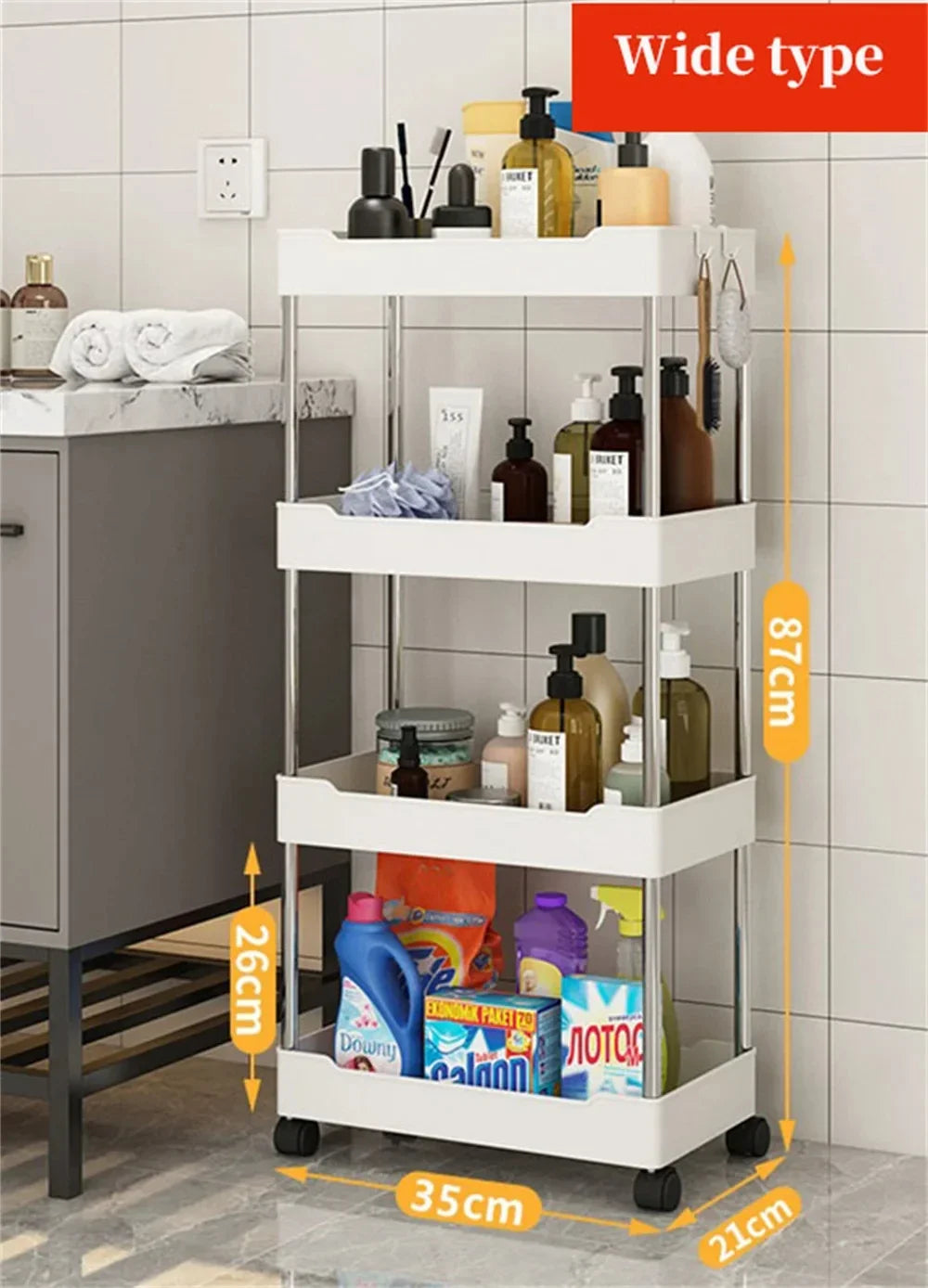 1pc 3/4 Tier Rolling Storage Cart High Capacity Storage Shelf Movable Gap Storage Rack Kitchen Bathroom And Livingroom Organizer