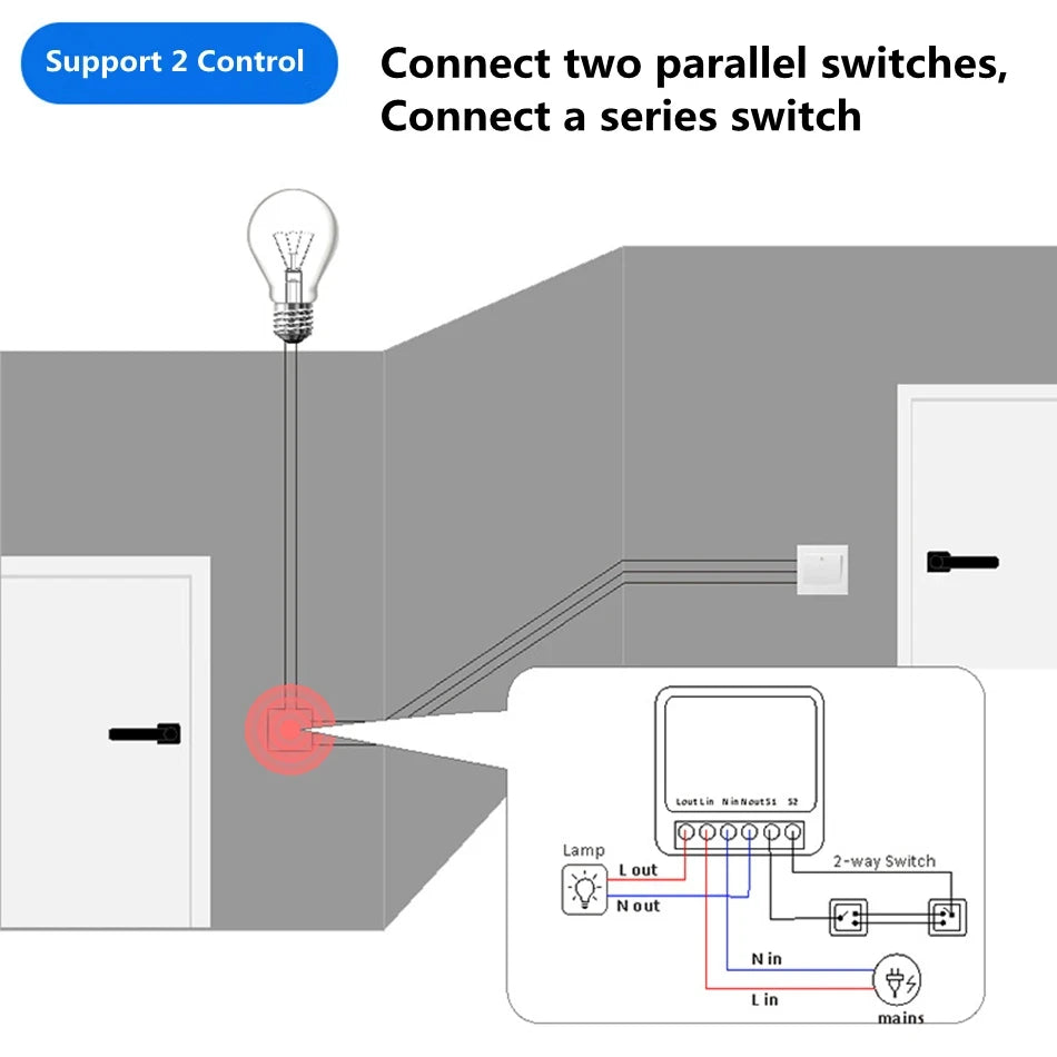16A Wifi Mini Smart Switch DIY Light Switch 2 Way Wireless Control Smart Home with Tuya Smart Life Alexa Alice Google Home