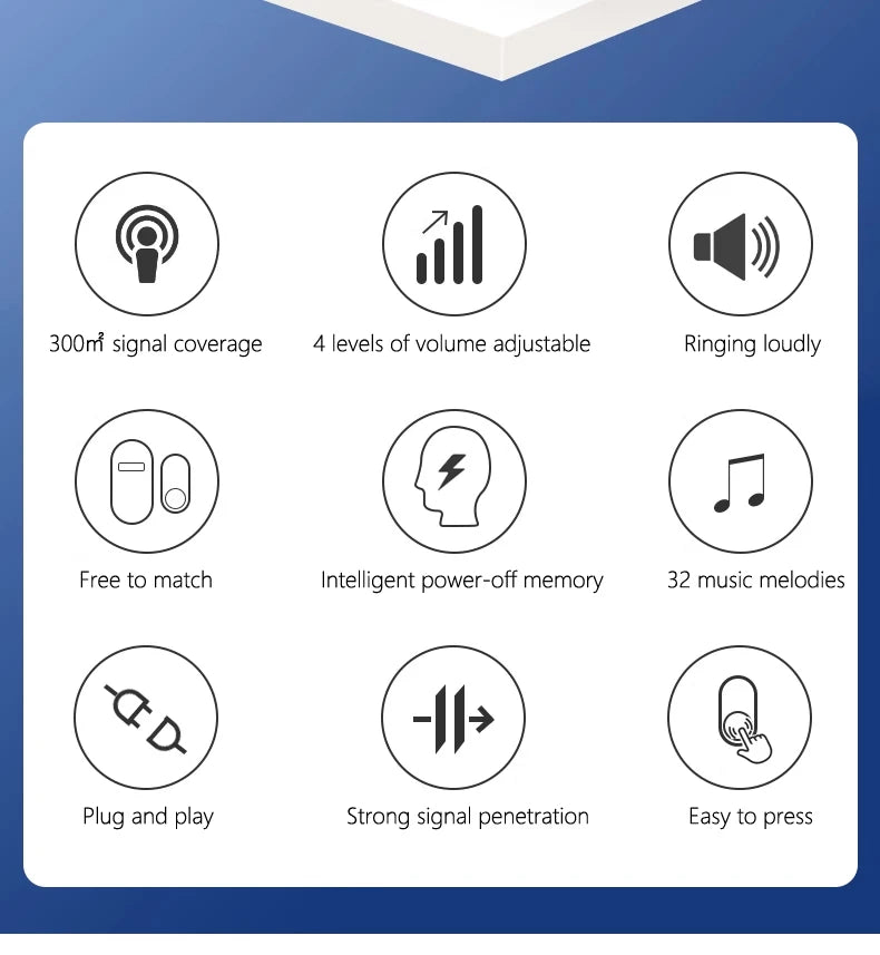 Wireless Doorbell Smart Home 200m Long Distance Remote Control Multi-tone Welcome Door Bell Volume Adjustment EU US Plug White