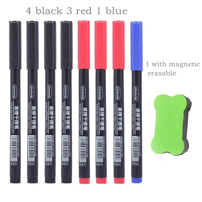 8pcs Erasable Whiteboard Pen 0.5mm Fine Point Black/Blue/Red Ink Blackboard Marker School Office Art Writing Stationery