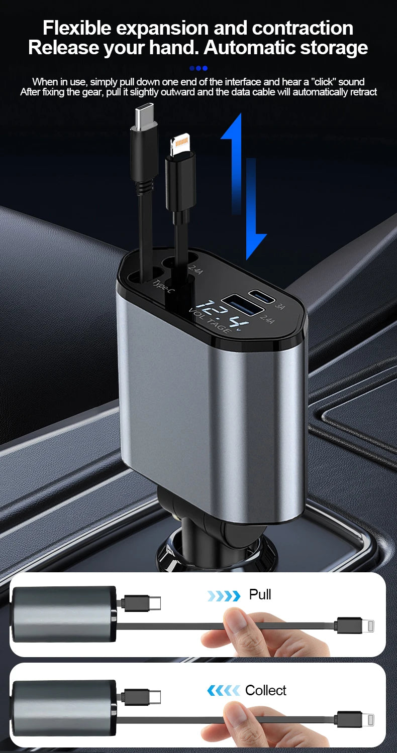 100W Car Charger Car Super Fast Charge Flash Charging, Telescopic Cable Four-in-one Point Smoker Car Charging