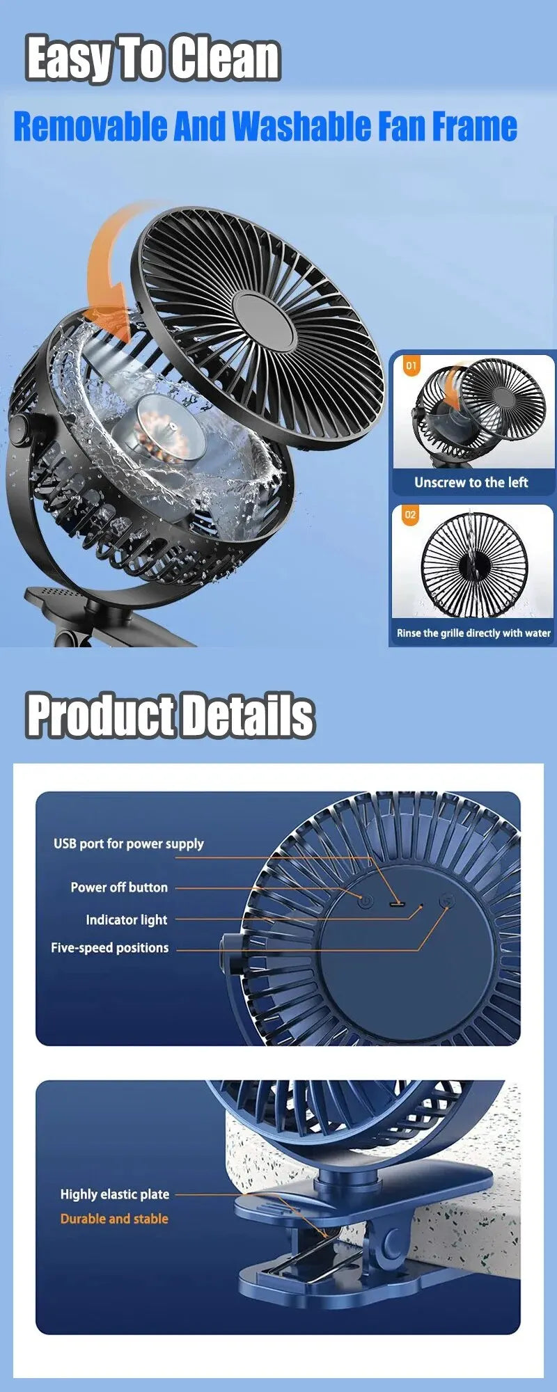 Portable USB Table Fan Clip-on Type 5000/10000mAh Rechargeable Mini Desk Fan 720 Degree Rotation 5 Speeds Adjustable Clip-on Fan