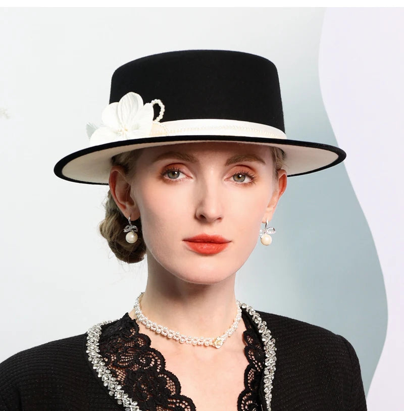 Women's Black/White Flat Top Wool Felt Fedora Hat with Flower Faux Pearl Detail Winter Dress Cap Stylish French Millinery