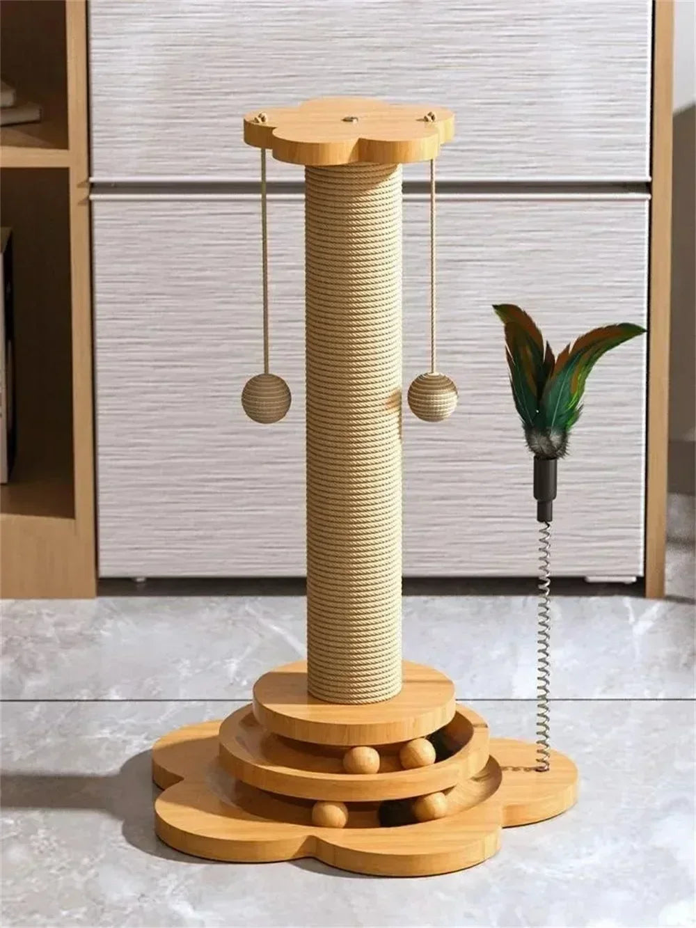 Durable Sisal Cat Scratcher Turntable with Funny Stick Balls Solid Wood Cat Toy Scratching Board Pet Supplies Climbing Frame