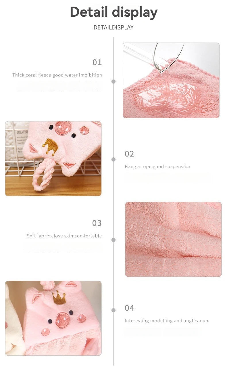 Soft Coral Velvet Hanging Towel with Adorable Piggy Embroidery for Bathroom Kitchen Dishwashing Handkerchief Cloth