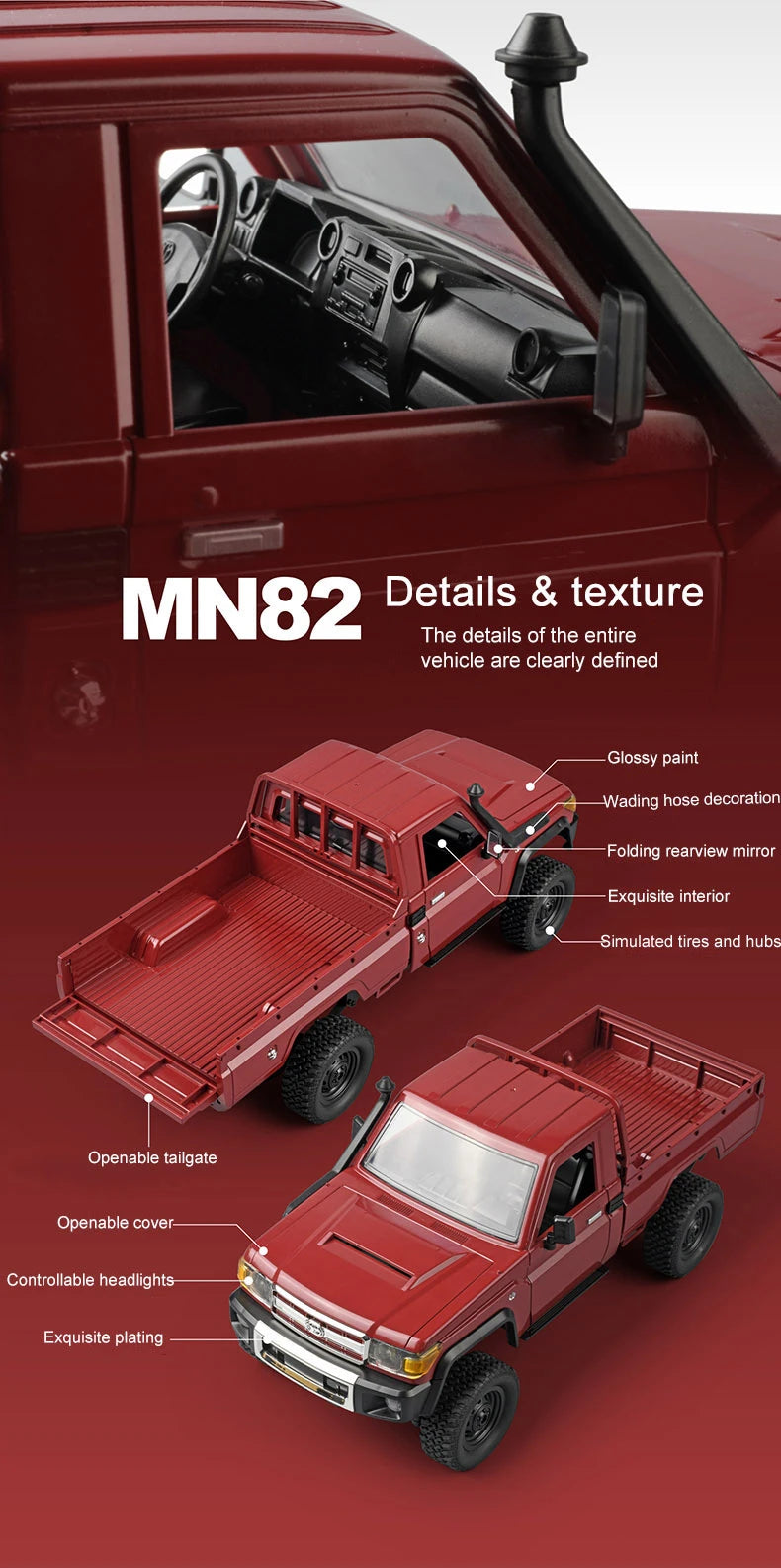 ZWN 1:12/1:16 Retro Rc Car With LED Lights Full-scale Simulation Vehicle Professional 4WD Remote Control Pickup Truck Model Toys