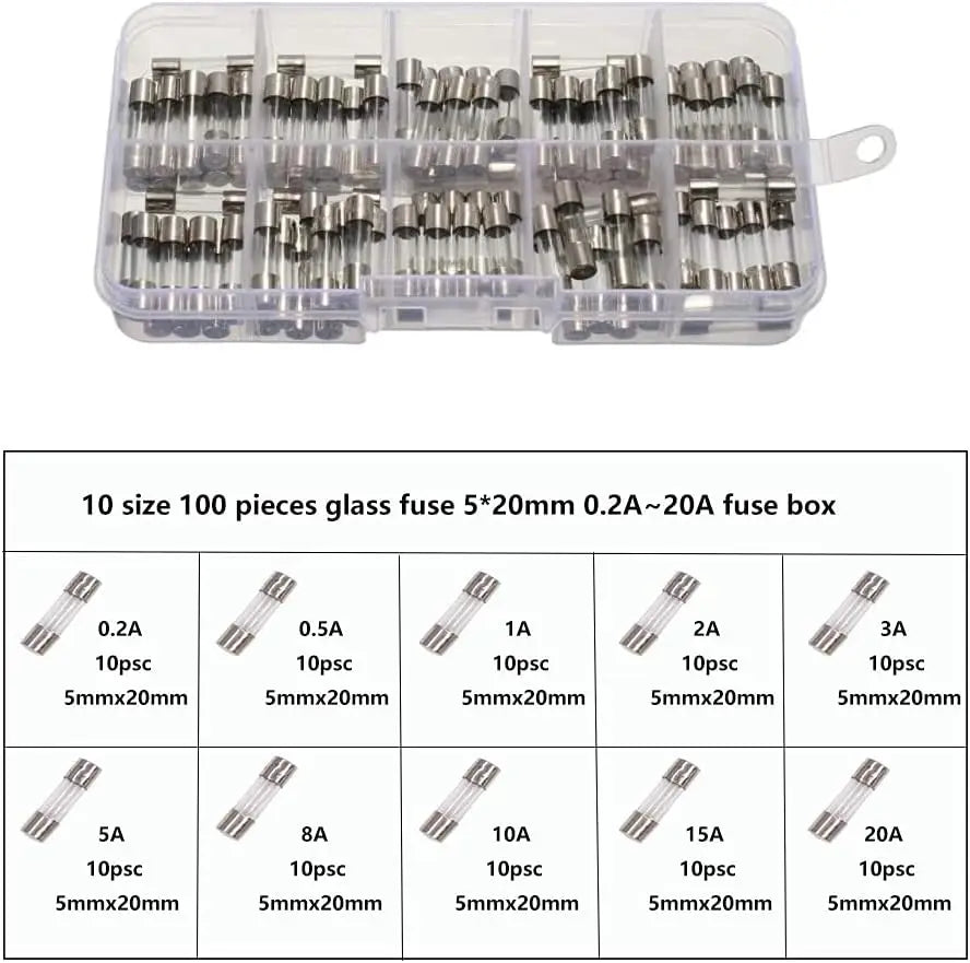 100pcs 5x20mm Quick Blow Glass Tube Fuse Assorted Kit Amp 0.2A 0.5A 1A 2A 3A 5A 8A 10A 15A 20A 250V with Storage Box
