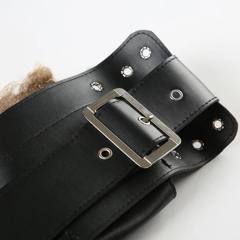 SUCHCUTE Vintage Faux Fur Patchwork Pu Leather Belt Punk Western Cowboy Accessories Y2K Women's Waistband Retro 2000s Decorative