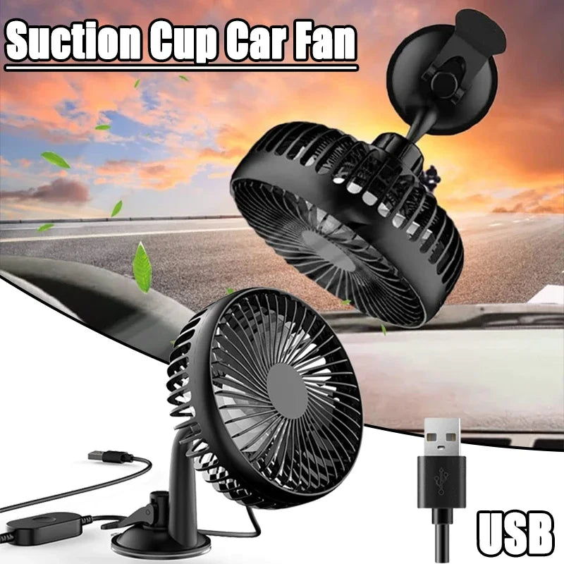 Suction Cup Car Fan 360° Rotatable USB Interface Low Noise 3-Speed Control Powerful Car Cooling Fan for Home Desk Office Car