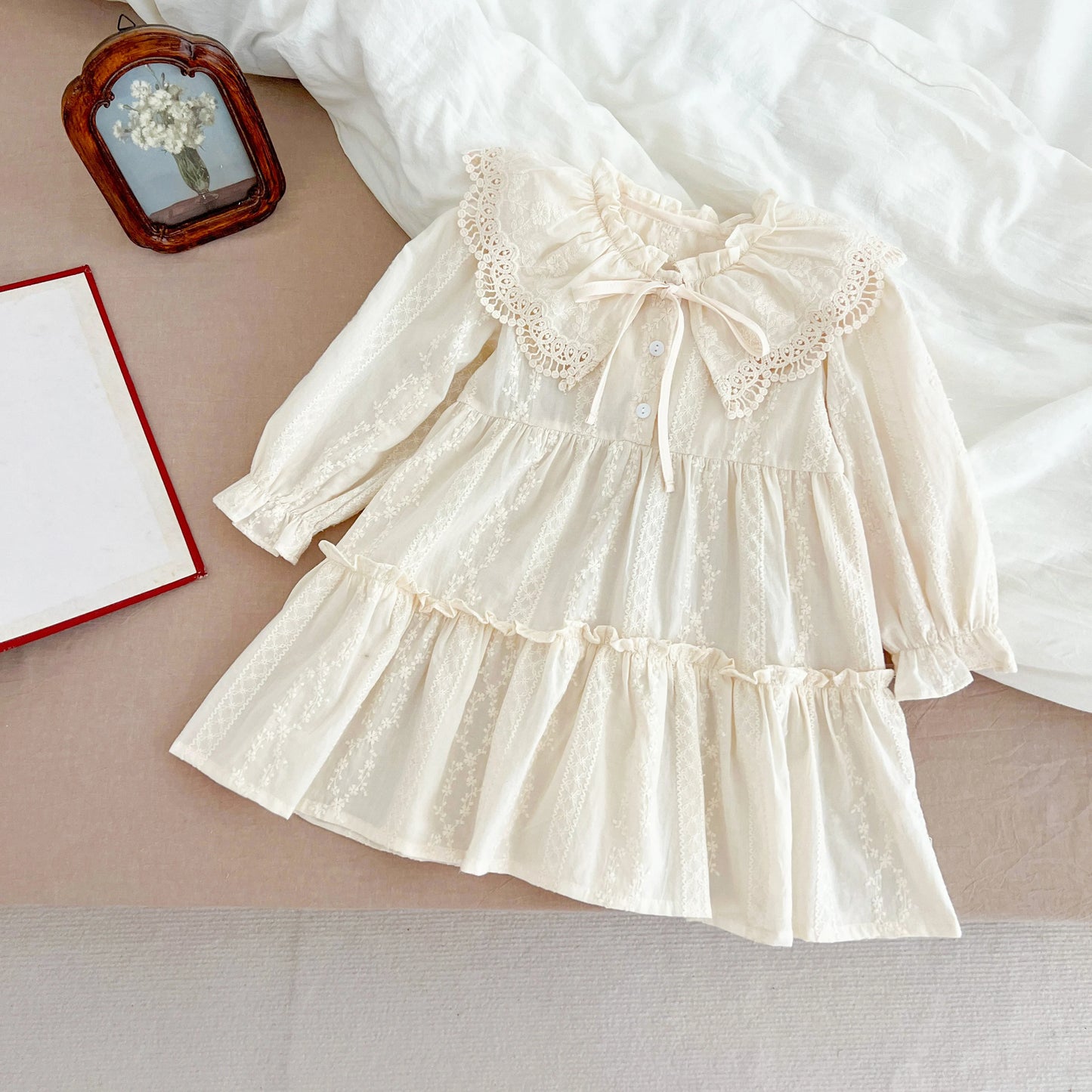 New Baby Girls Dress Girls Sweet Girl Dress Ruffle Trim Party Princess Dress Lace Collar Going Out Casual Dresses Little Clothes