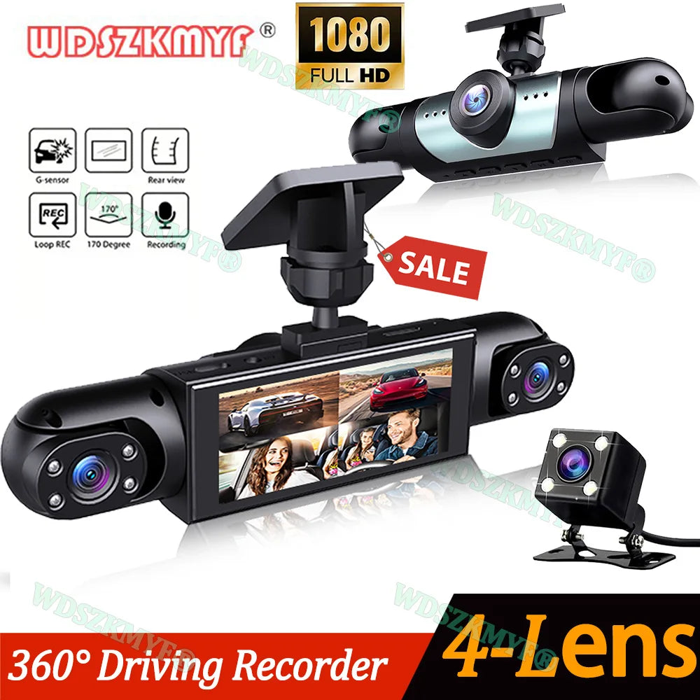 360° Car Dash Cam 4 Channels Video Recorder 1080P Car DVR 3/4 lens Front inside Rear View Night Vision Camera Car Accessories