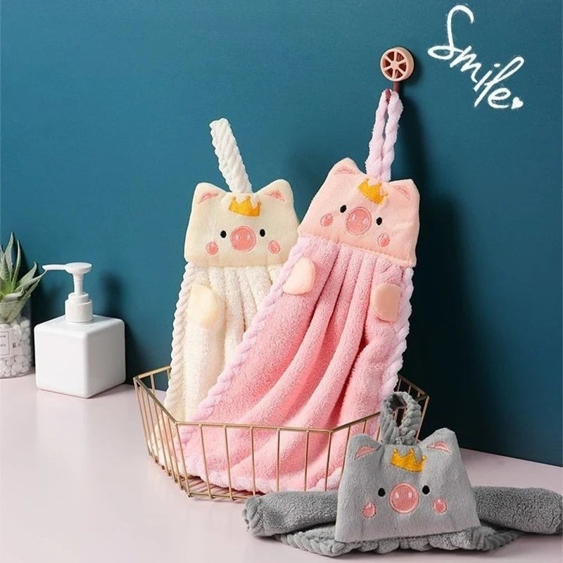 Soft Coral Velvet Hanging Towel with Adorable Piggy Embroidery for Bathroom Kitchen Dishwashing Handkerchief Cloth