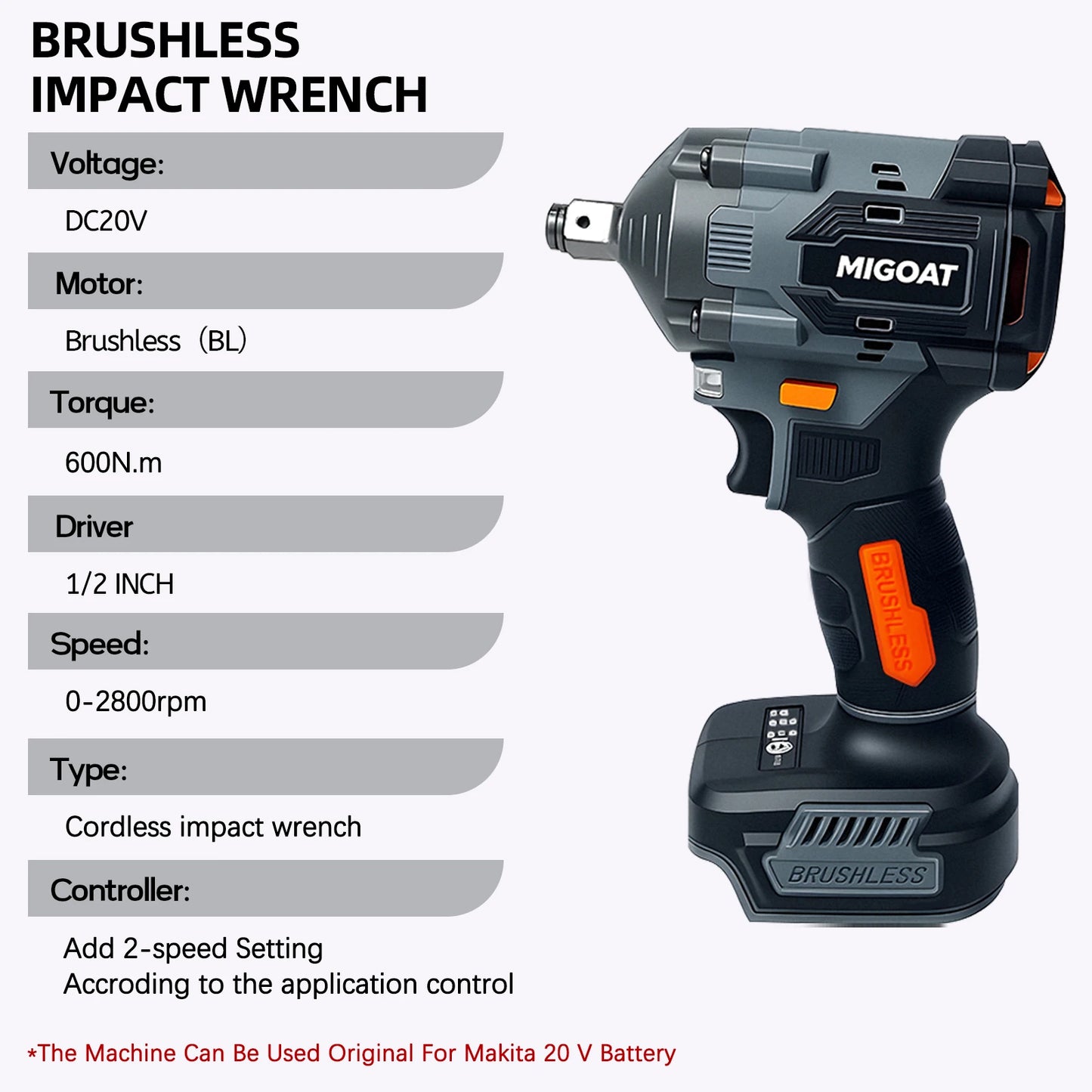 MIGOAT 600N.M Ultra High Torque Impact Wrench Brushless Motor Industrial Power Tool For Makita 18-21V Battery pin, Tool only