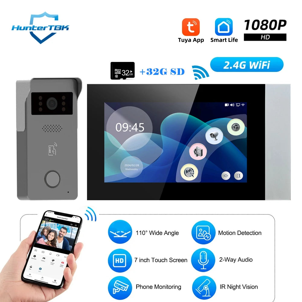 2 Wire Smart Home Tuya Wifi 1080P Video Intercom Video Door Phone 7'' Color Touch Screen Camera Doorbell Door Security System