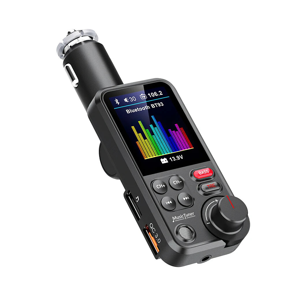 1.8 Inch Wireless Car Bluetooth FM Transmitter Aux Supports QC3.0 Charging Treble and Bass Sound Music Player