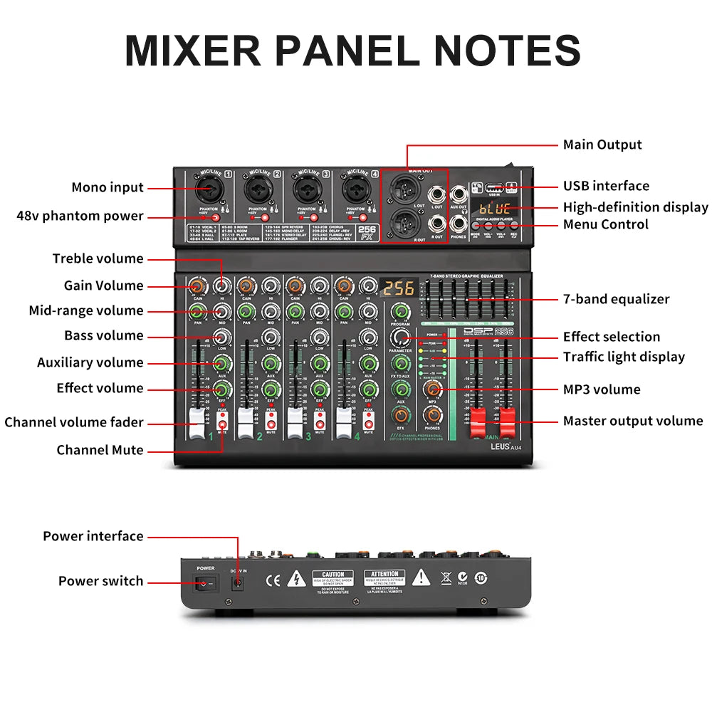 LEUS AU4 Channel 256 DSP Effect Audio Mixer Record PC 48V Phantom Power USB Sound Mixers Bluetooth DJ Console Mixing for Karaok