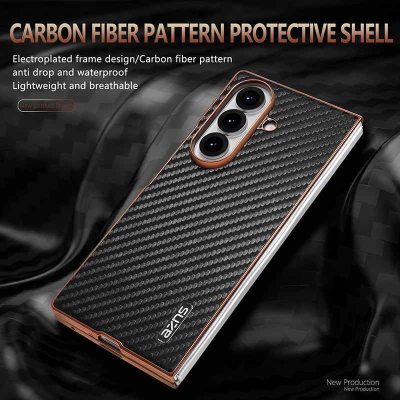 AZNS Luxury Plating Carbon Fiber Pattern Case for Galaxy Z Fold 7 Fold 6 Fold 5 Fold 4 Z Fold 3 Electroplated Protective Cover