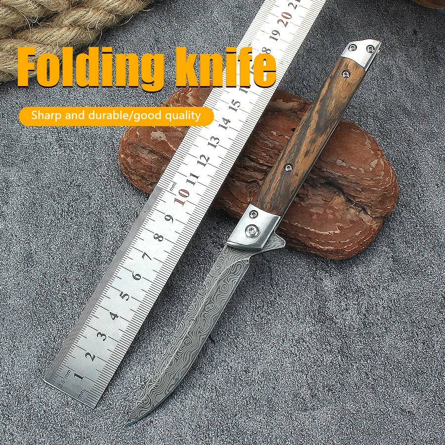 Portable Damascus Carry Pocket Knife Survival Knife Folding Knife Outdoor Tactical Knife Survival Camping Knife Wooden Handle