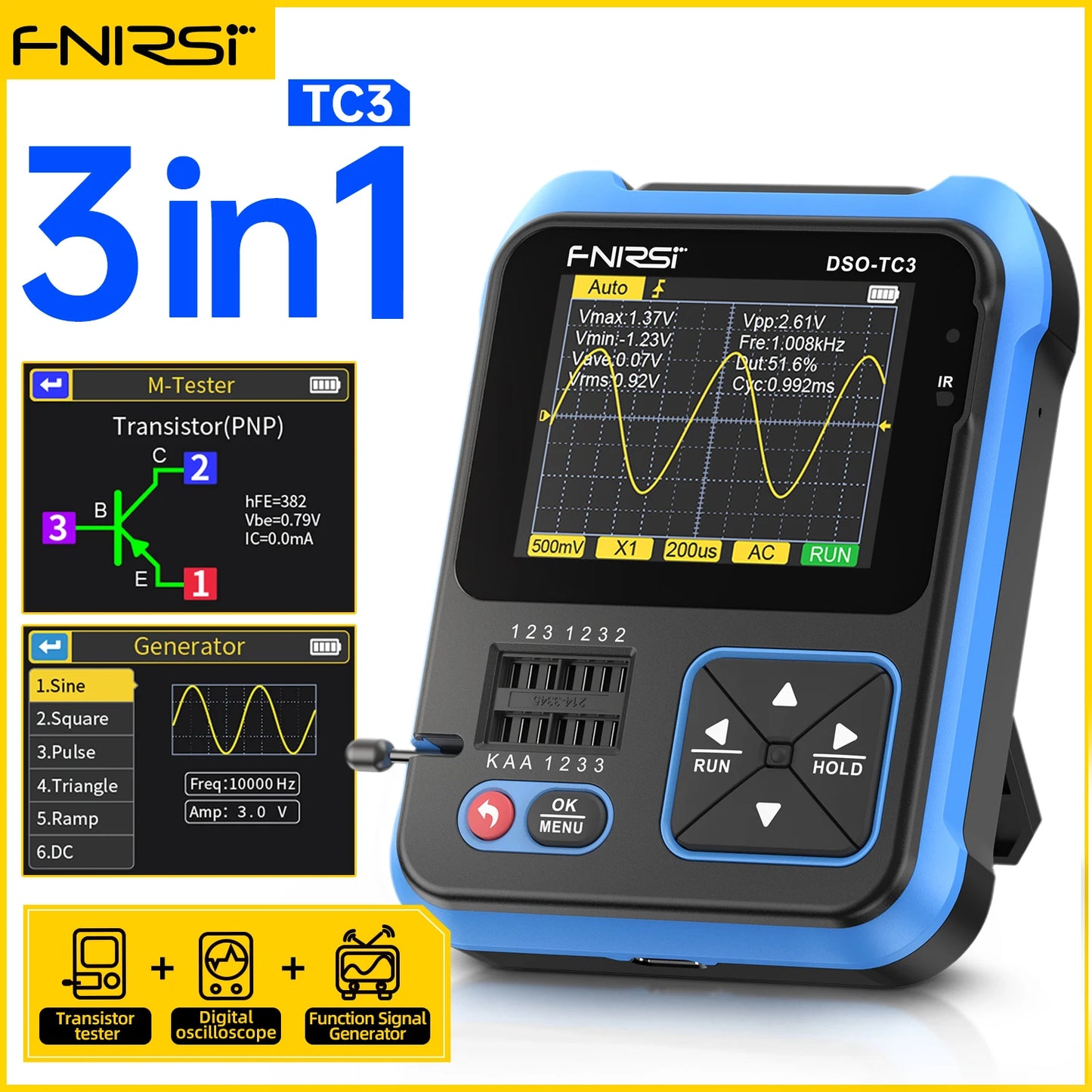 FNIRSI DSO-TC3 Handheld Digital Oscilloscope Transistor Tester 3-in-1 Support Diode Capacitance Voltage LCR Detect PWM Out