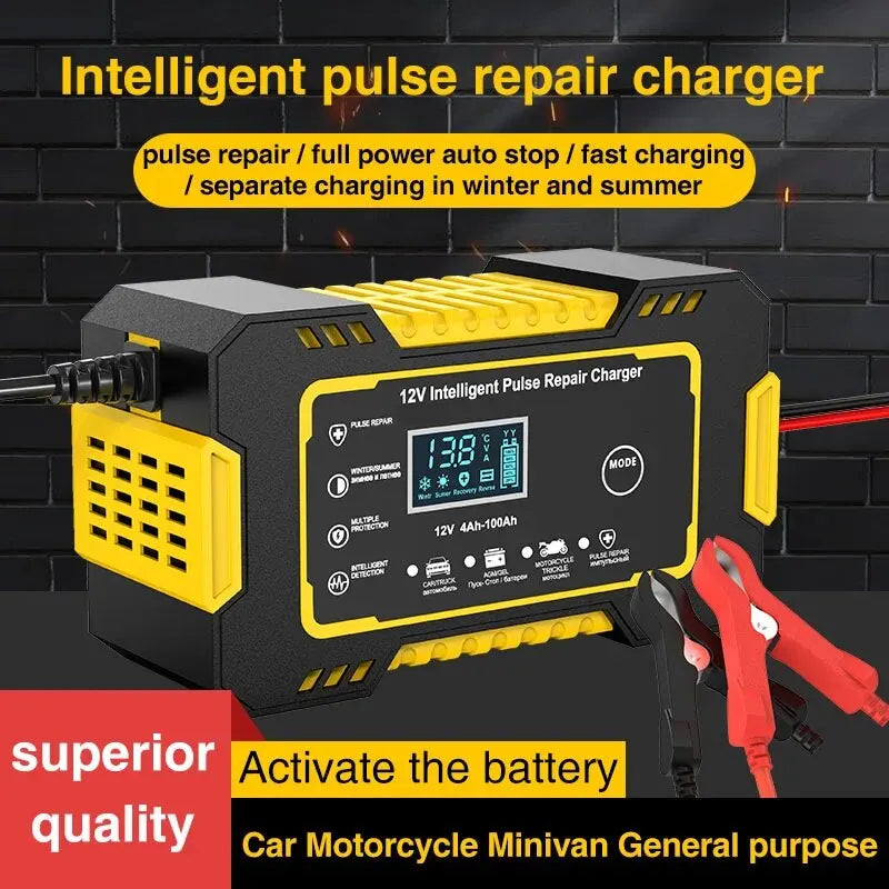 1 Set 12V6A Battery Charger Car/Motorcycle Charger Digital Display Suitable for Lead Acid Batteries EU Plug Reverse Protection