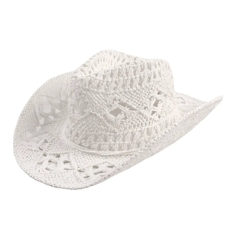New Fashion Hollowed Handmade Cowboy Straw Hat Round Collapsible Western Cowboy Beach Hat Photo Props Western Sunshade Cap