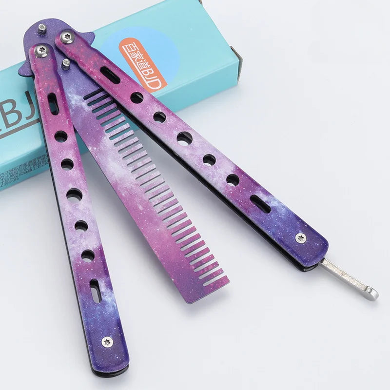 Foldable Comb Stainless Steel Practice Training Butterfly Knife Comb Beard Moustache Brushe Salon Hairdressing Styling Tool