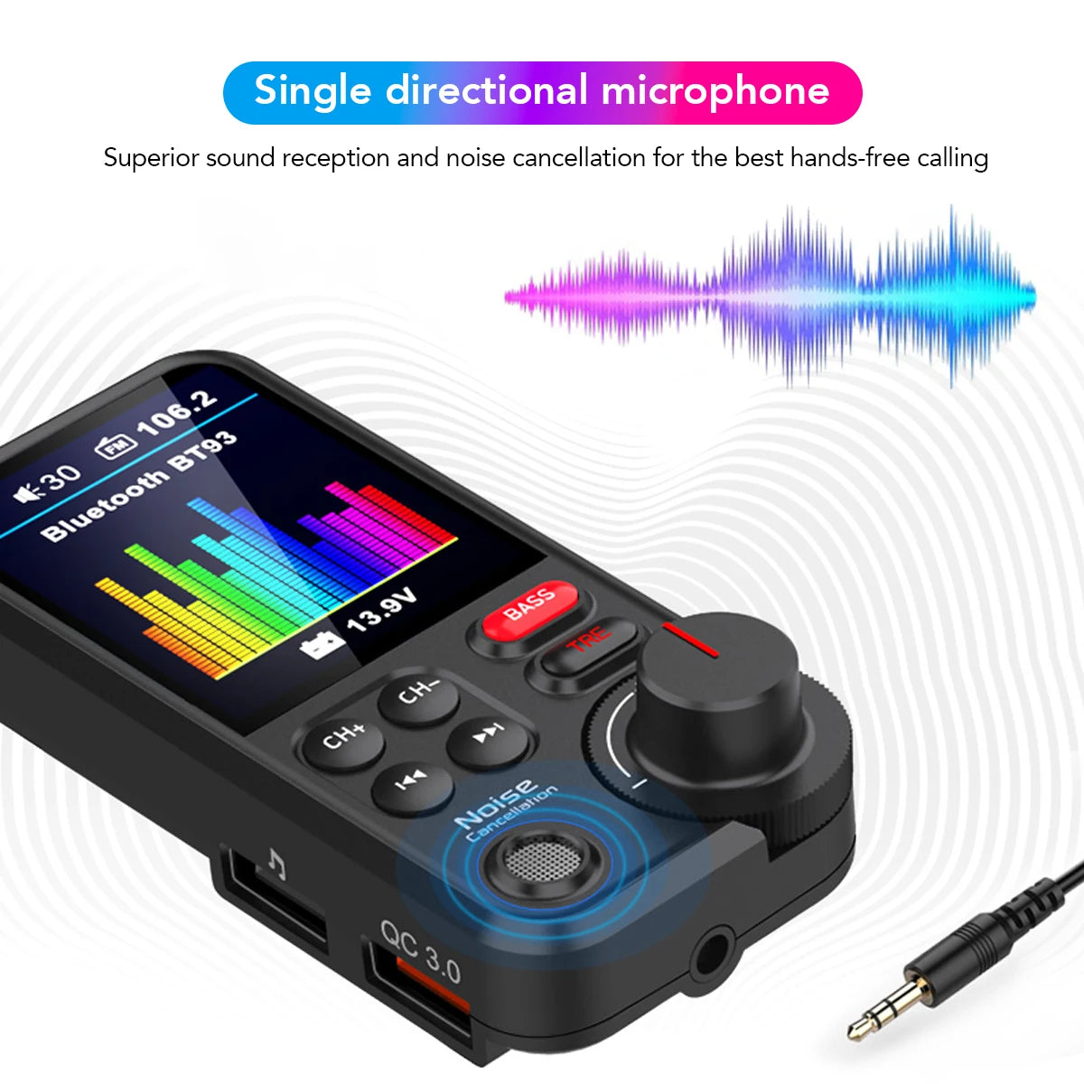 1.8 Inch Wireless Car Bluetooth FM Transmitter Aux Supports QC3.0 Charging Treble and Bass Sound Music Player