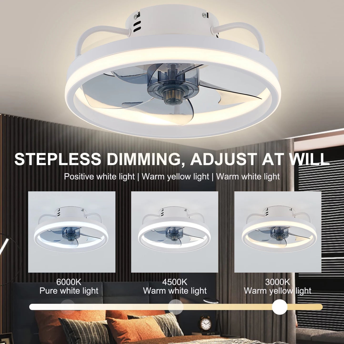 Modern LED ceiling fan with adjustable two-way blade timer and remote control tri-color adjustable bedroom living room kitchen