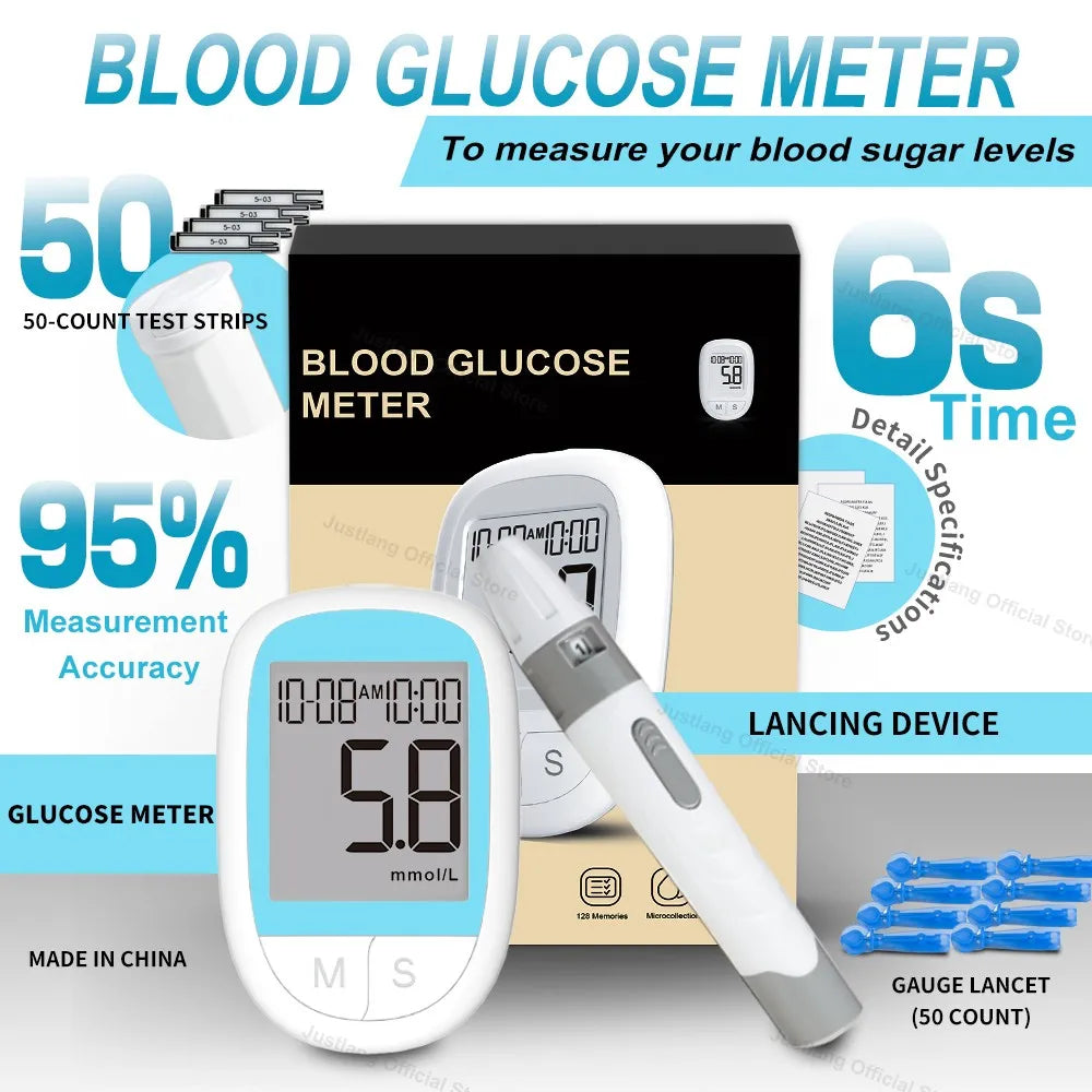 JUSTLANG Medical Glucometer 50/10 SET Blood Glucose Meter Mmol/L Mg/dl Glucometro for Diabetes Sugar Test Strips Lancets
