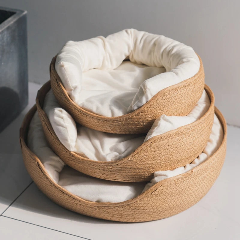 Woven Rattan Cat Basket Nesting Bed All-Season Cozy Kitten Lounger Cushion Scratching Board Detachable 2 in1 Cats Beds House
