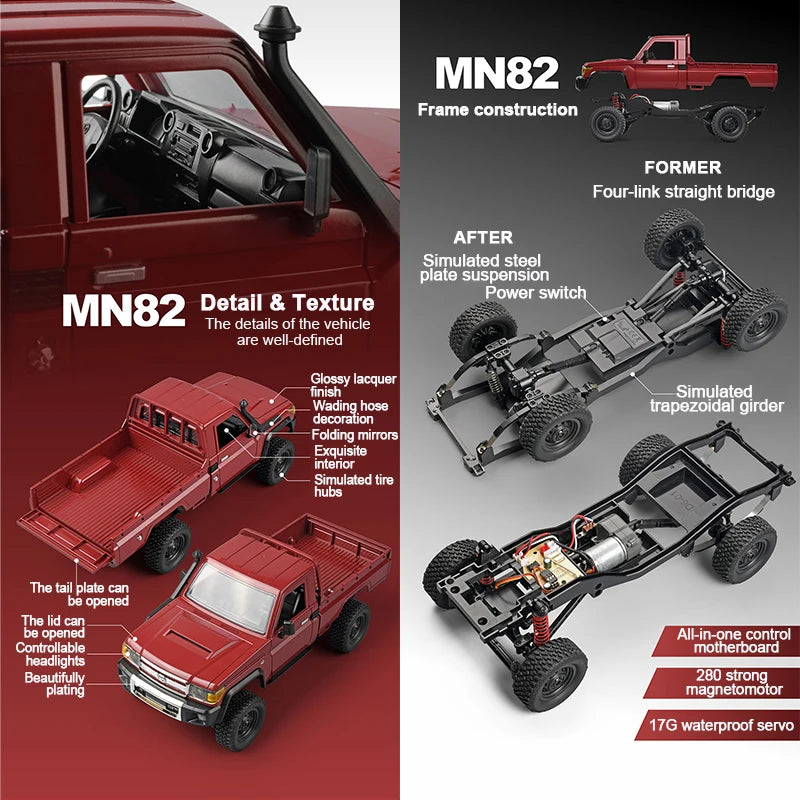 ZWN 1:12/1:16 Retro Rc Car With LED Lights Full-scale Simulation Vehicle Professional 4WD Remote Control Pickup Truck Model Toys