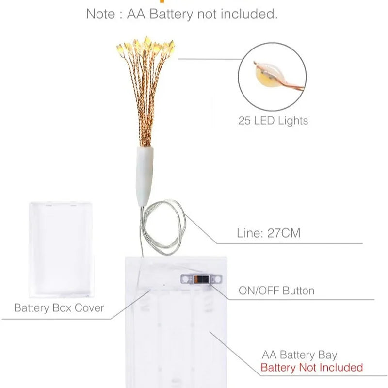 LED Firework String Light Fairy Stars Copper Wire 25 LEDs Christmas Home Decoration Party Wedding Garden Battery Powered DIY