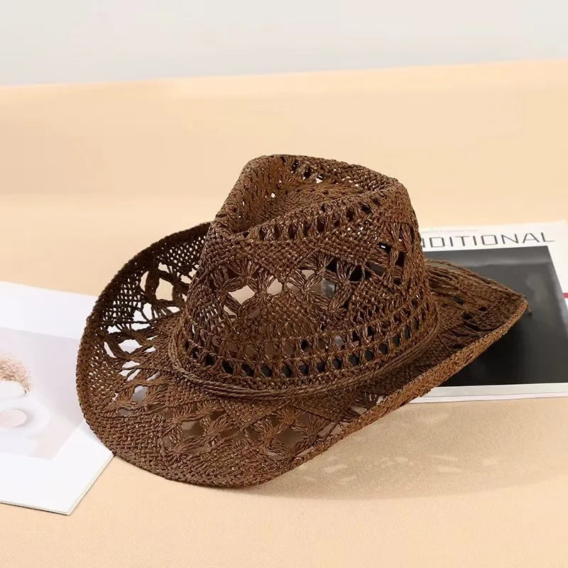 New Fashion Hollowed Handmade Cowboy Straw Hat Round Collapsible Western Cowboy Beach Hat Photo Props Western Sunshade Cap