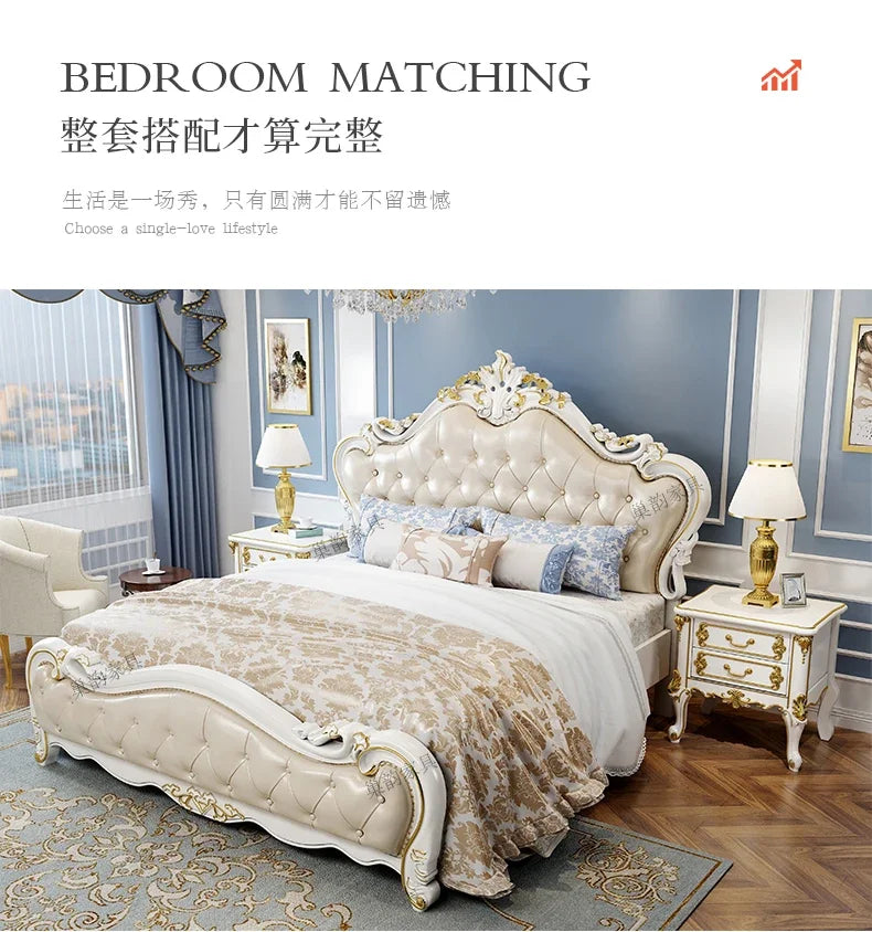 European Luxury Modern Double Bed Frame Mattress Storage Solid Wood Princess Bed Queen Size Cama Bedroom Set Furniture