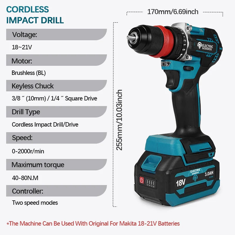 Cordless Brushless Electric Drill 10mm Multifunctional Home Screwdriver Home Improvement Handheld For Makita 18V Battery Pin