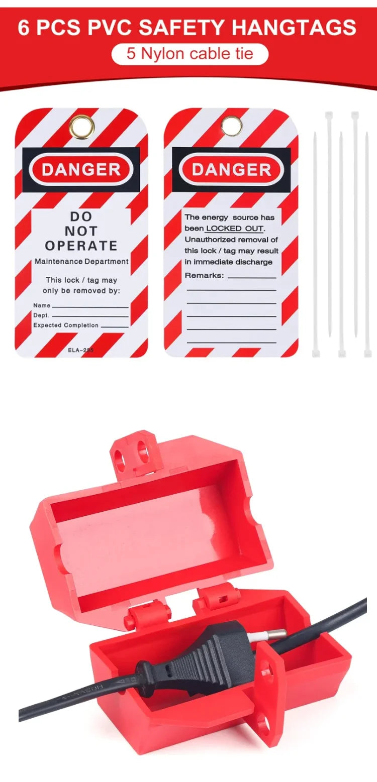 Red Electrical Lockout Tagout LOTO Kit with Pocket Bag Includes Safety Hasp Warning Tags Circuit Breaker Locks Nylon Ties