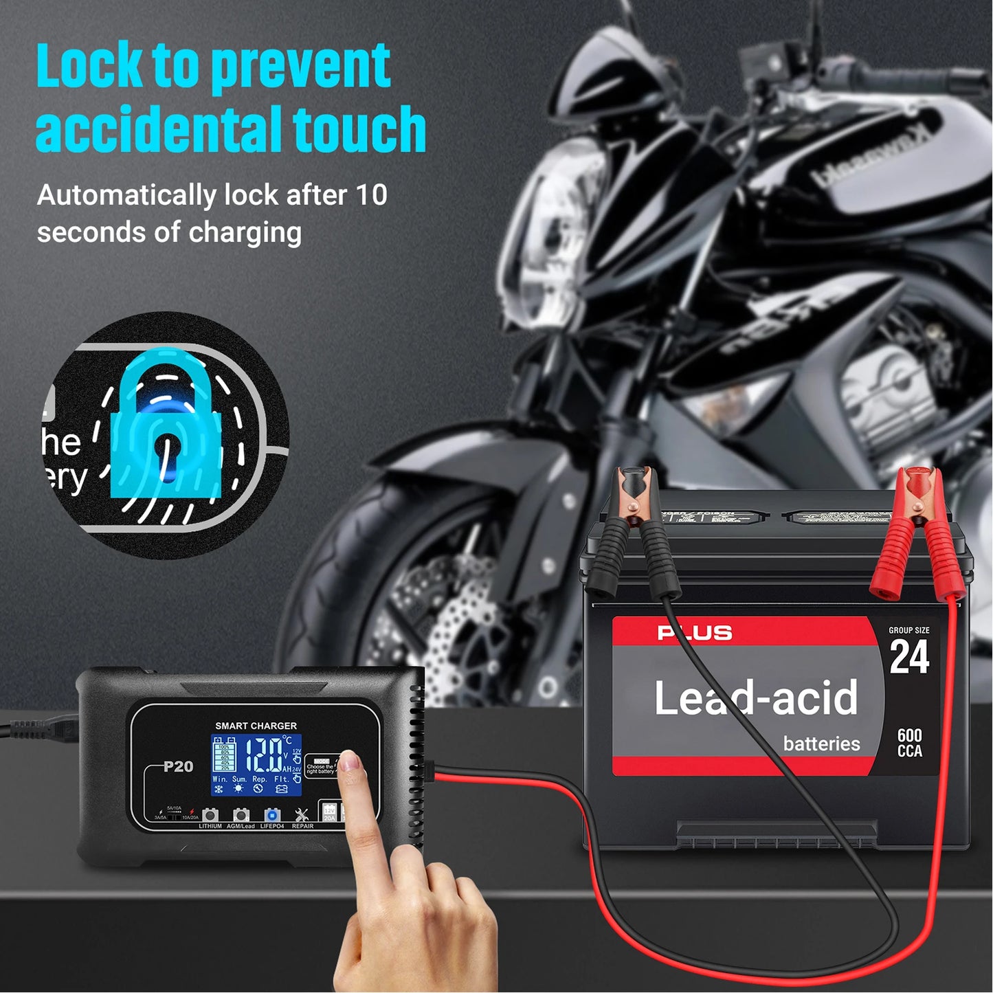 EAFC 10A/15A/20A Car Battery Charger 12V 24V Smart Charger for Lead-Acid PB AGM LiFePO4 Batteri Automatic Motorcycle Charger