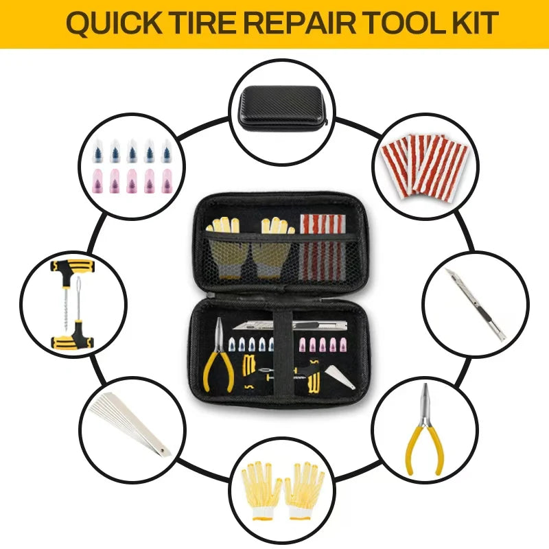All-in-One Tire Repair Kit: Car Motorcycle Bike Truck Emergency Puncture Plug Tool with Rubber Strips - Roadside & Garage Use