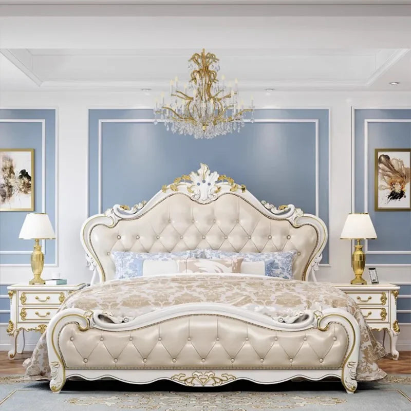 European Luxury Modern Double Bed Frame Mattress Storage Solid Wood Princess Bed Queen Size Cama Bedroom Set Furniture