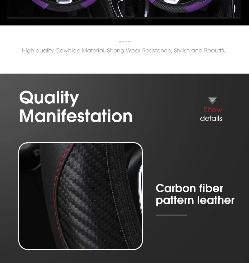 Car accessories Carbon Fiber PU Leather Steering Wheel Cover for Hyundai I10 Peugeot 2008 Dacia Sandero Stepway